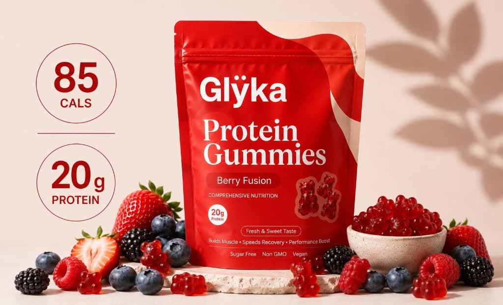 Glÿka Berry Fusion Protein Gummies — 20g protein, 85 calories, sugar free, vegan.