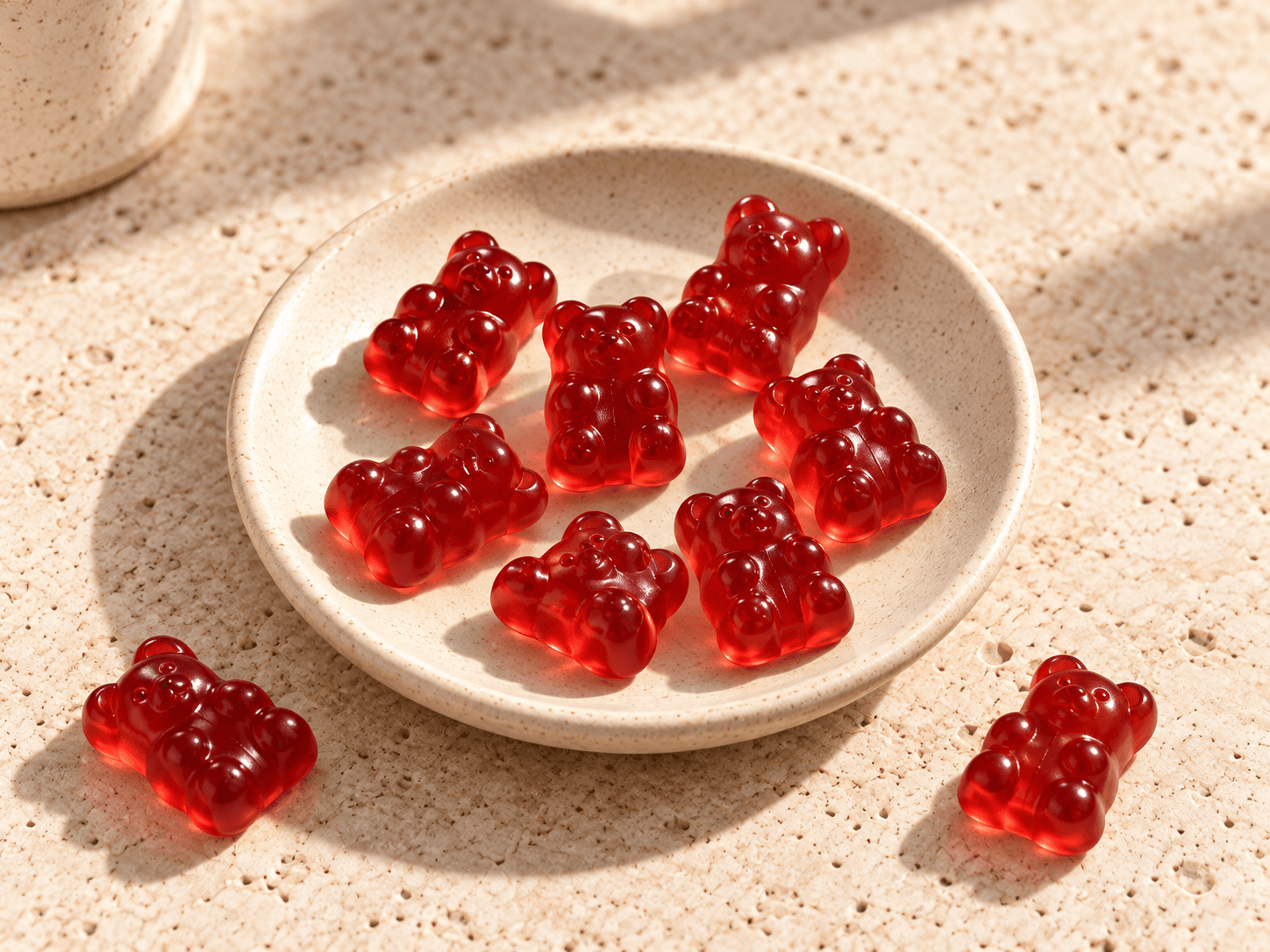 Red berry gummy bears on a cream ceramic dish in morning sunlight