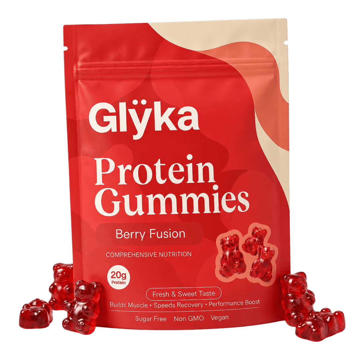 Glÿka Berry Fusion protein gummies pouch — 20g plant protein, zero sugar.