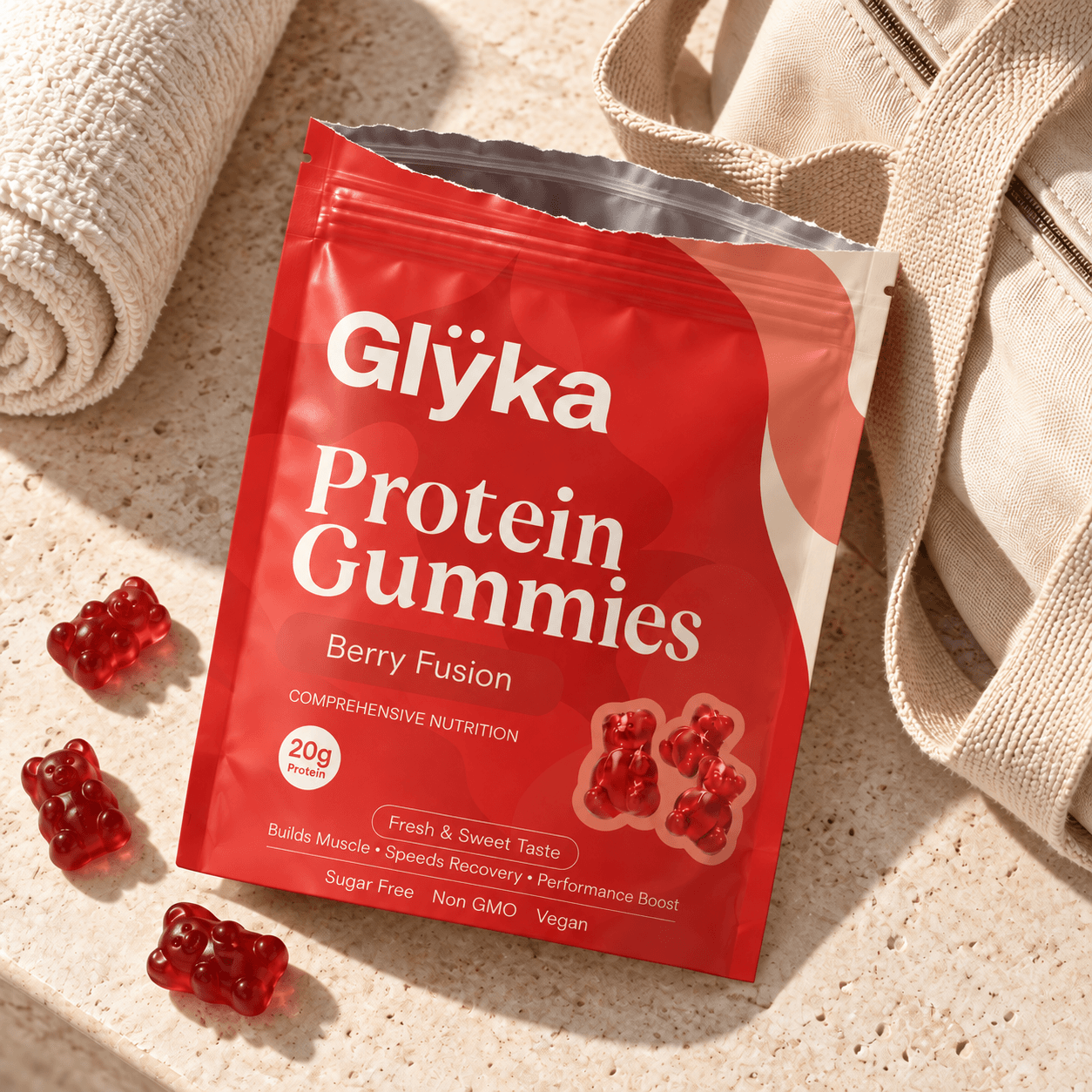 An opened Glÿka protein gummies pouch beside a canvas bag and workout towel